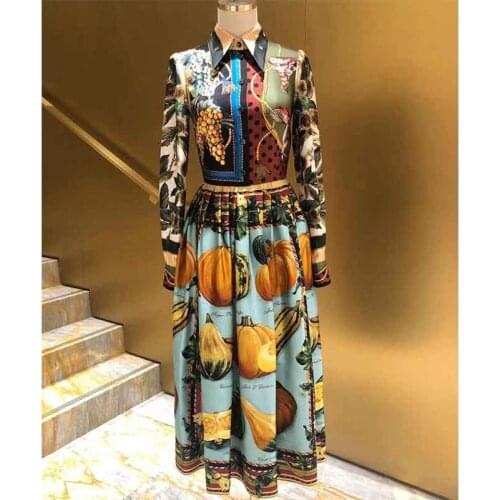 New Winter 2021 Autumn Women Dress Silk Dress Long Sleeve Pumpkin Print Lantern Sleeve Turn-Down Collar Maxi Dresses