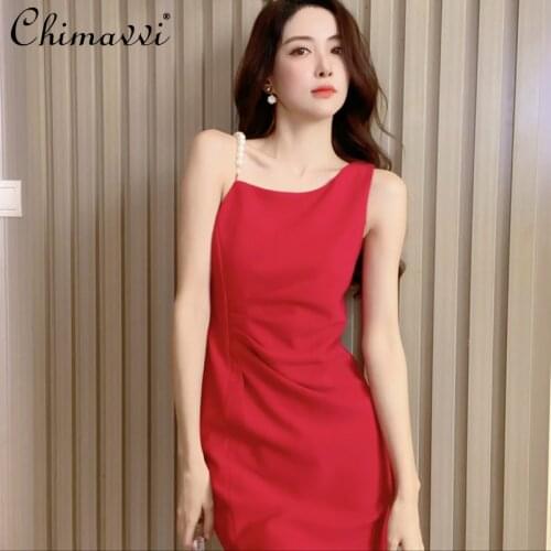 Summer 2021 Vintage Pearl Strap Dress Womens Slimming Sleveless A Line Red Dress Femal Elegant Sexy Bodycon Short Dress