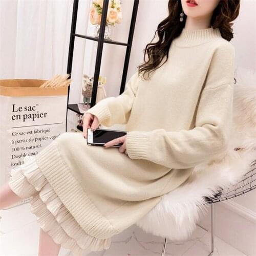 2020 female sweater autumn and winter thick warm long solid color long sleeves over the knee velvet hem knit