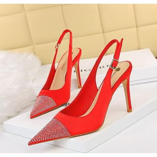BIGTREE Shoes Women Sexy Silk Crystal Pointed Toe Women High Heels Baotou Shallow After strappy Hollow out Plus Size Party Shoes
