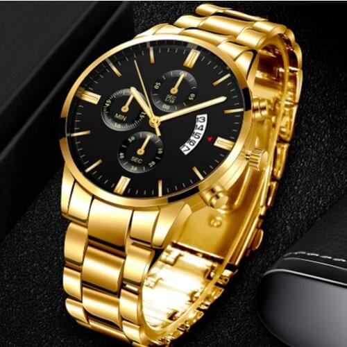 Men Luxury Business Quartz Military Watch Golden Stainless Steel Band Mens Watches Date Calendar Male Clock