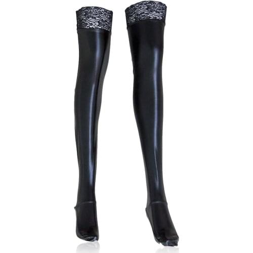 Sexy Lace edge Waterproof Non-slip Erotic Babydoll Elastic stockings for Sex Patent Leather Tights Intimate nightclub Clothing