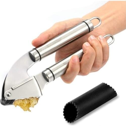 Stainless Steel Garlic Press Mincer Crusher With Silicone Roller Brush Peeler Easy Squeeze Rust Proof