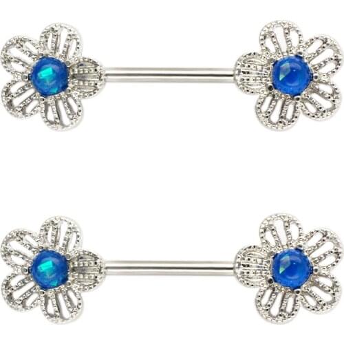 JHJT Pair 14G Opal Gem Flower Nipple Barbell Helix Piercing Sexy Bar Rings Jewelry Body Women Gift