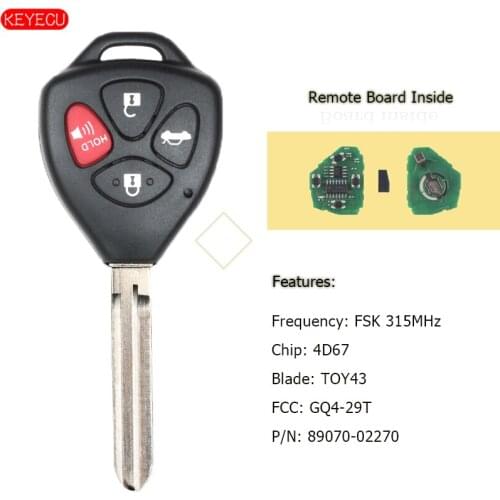KEYECU Remote Key Fob 4B 315MHz for Toyota 2008-2013 Avalon, 2008-2010 Corolla FCC: GQ4-29T - 4D67 P/N:89070-02270
