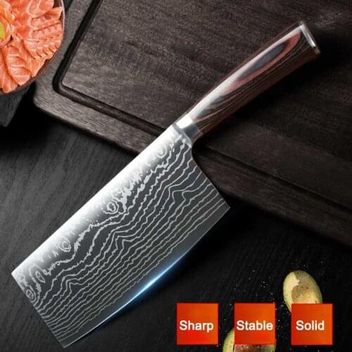 SHUOJI Stainless Steel Kitchen Knife Imitation Damascus Pattern Chef Knives 6.8 inch 5Cr15mov Kitchen Cleaver Knife Wood Handle