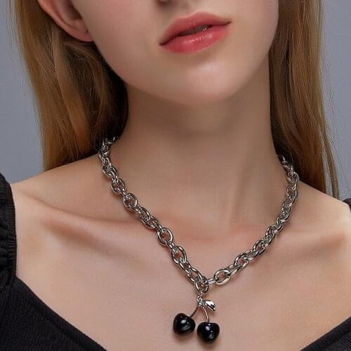 Fashion Black Fruits Pendant Necklaces for Women Female Punk Silver Color Thick Chains Buckle Necklace Clavicle Chains Jewelry