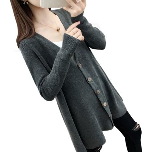 Fashion Knitted Cardigans Women Dark gray Loose Single Breasted Sweaters Casual V-Neck Long Sleeve Sweaters Coat Female