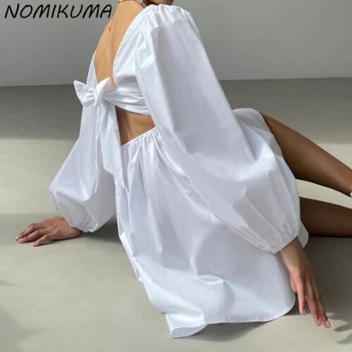 Nomikuma Sexy Bow Bandage Backless Woman Dress Puff Long Sleeve Square Collar Dresses 2021 Autumn New A-line Mini Vestido 6K857