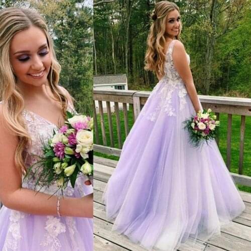 New Design Cheap Elegant Lilac Lavender Long V Neck Tulle Evening Prom Dresses 2021 Princess Ball Gowns For Women