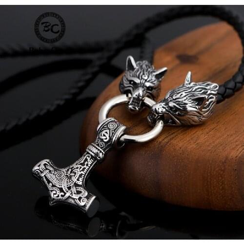Stainless Steel Celtic Wolf Head Necklaces Men Viking Anchor Mjolnir Hammer Pendant Leather Chain Nordic Vegvisir Amulet Jewelry