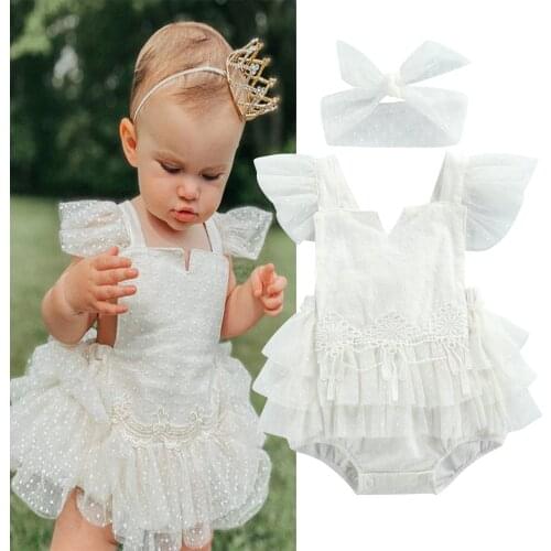 Princess Infant Baby Girls Rompers Headband 2pcs 0-24M Ruffles Sleeve Lace Floral Printed Backless Jumpsuits