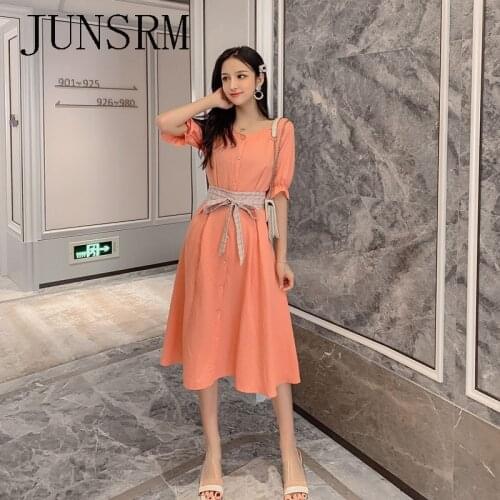 2020 new summer cotton and linen dress with waist and thin temperament French bellflower over the knee sweet long dress