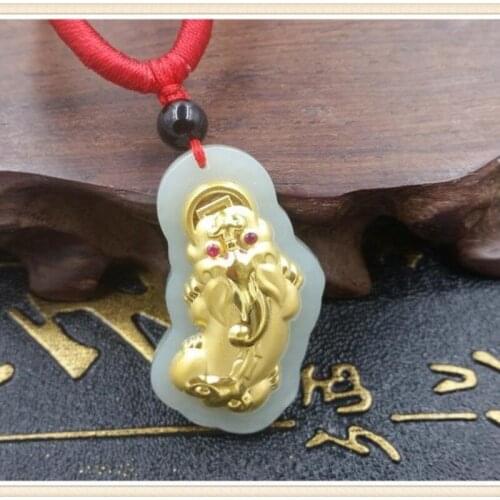 New Arri 24K Yellow Gold & Grade A Hetian Jade Coin Pixiu Pendant 36*20mm