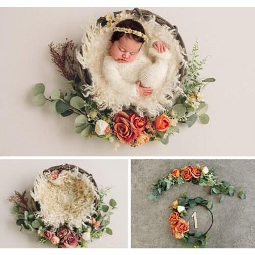 Newborn Photography Props Accessories Simulation Rose Garland Lintel Succulent Flower Wreath Baby Girl Photo Birthday Background