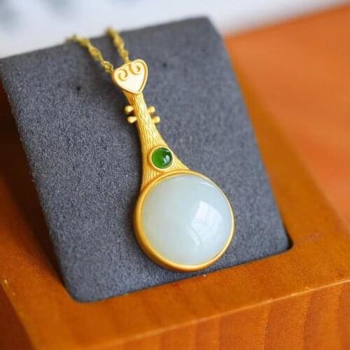 S925 Hetian Jade Qinghai Material White Jade round Egg Surface Pipa-Shaped Pendant Ancient Gold Inlaid Jasper Clavicle Chain Pen