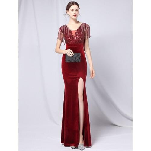 YIDINGZS 2021 Sexy V Neck Velour Evening Dresses Women Short Sleeve Dress Sequin Beads Slit Party Prom Dress