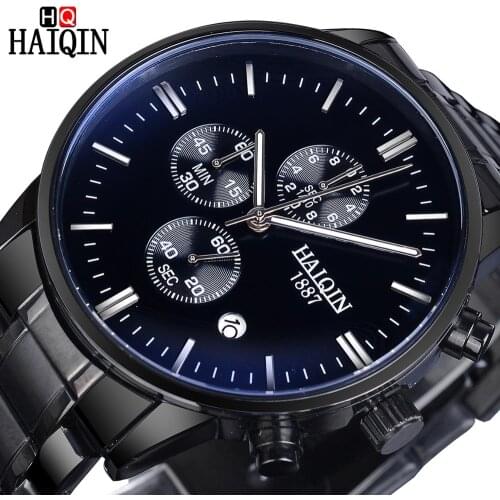 HAIQIN Luminous Hand Design Men Fashion Business Watch Black Color Stainless Steel Band Quartz Waterproof Chronograph Wristwatch
