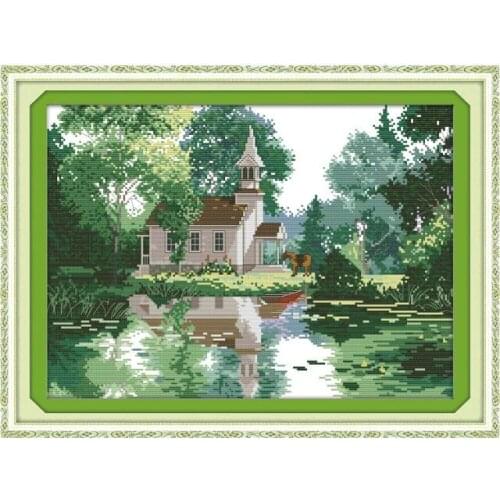 Spring green beautiful scenery waterside people DIY hand embroidery cross stitch Chinese characteristics send friends embroidery