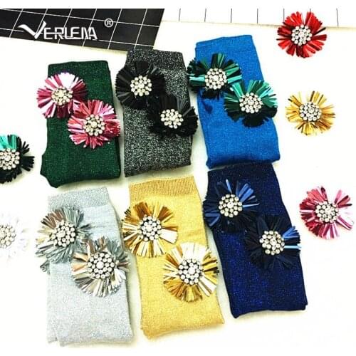 Embroidered Sequin Sun Flower Attached Lame Sheen Funny Socks Women Winter Japanese Streetwear Novelty Pile Socks VERLENA 2019