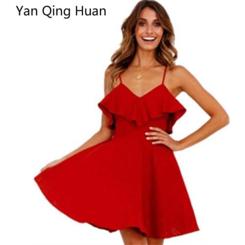 Yan Qing Huan Summer Hot New Sexy Halter Drawstring Lace Waist Dress V-neck Sling Ladies Middle Waist Ruffled Fashion Red Dress