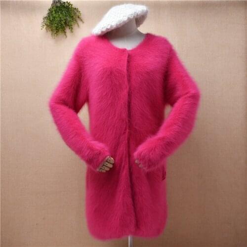 Ladies women winter thick warm clothing hairy mink cashmere knitted long sleeves slim cardigan angora fur jacket coat sweater