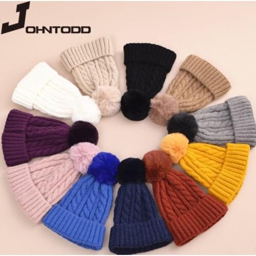 Ladies winter detachable female beanie hat thick warm winter hat for women new design knitted beanie hat pompon beanie bonnets
