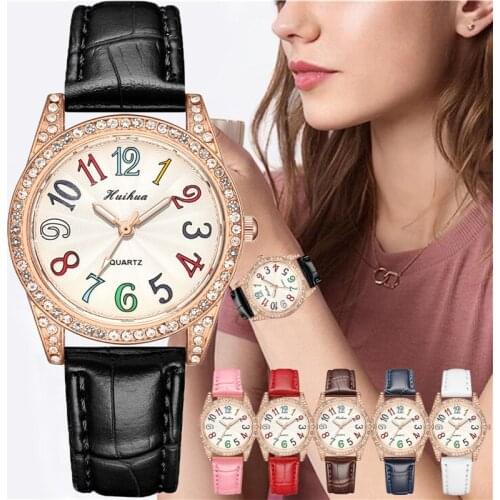Women Arabic Numbers Watches Luxury Ladies Leather Rhinestone Quartz Wristwatches Montre Femme Relogio Feminino