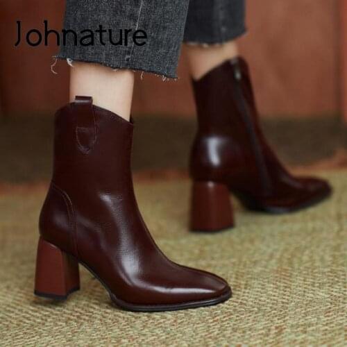 Johnature Retro Shoes Women Boots Genuine Leather 2021 New Square Toe Winter Zip Handmade High Heels Concise Platform Boots
