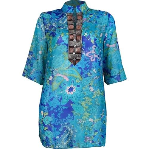 CINESSD Women Ethnic Style Print Chiffon Blouses V Neck Half Sleeves Button Pullover Vintage Bohemian Beach Casual Tops Blouse