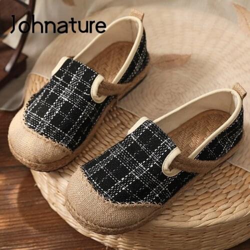 Johnature Spring/Autumn 2021 New Flats Women Shoes Retro Shallow Handmade Round Toe Cotton Linen Concise Casual Ladies Shoes
