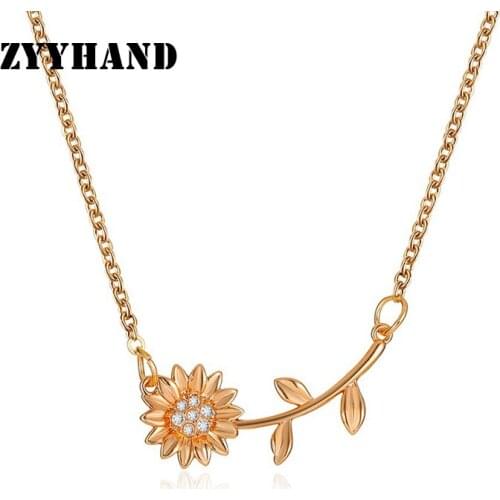 Golden Color Women Sunflower Pendant Necklace Girl AAA Crystal Cross Chain Lady Luxury Neck Jewellery