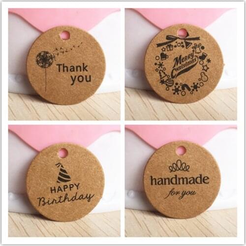 100 Pcs 3cm Multi Cute Round Brown White Paper Gift Label Tags Handmade Charms Tag Cake Wedding Favors /Cookies Decorative Tag