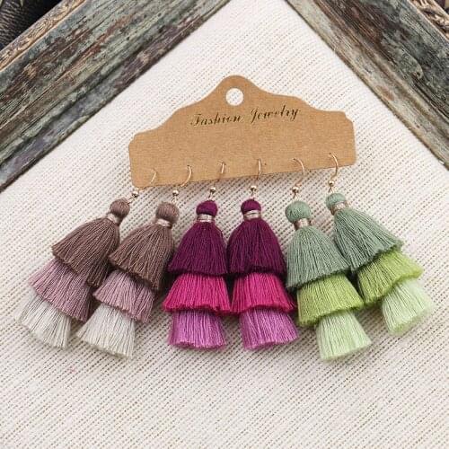 3 Pair/Set Bohemian Colored Cotton Wheat Ears Tassel Earrings Long Eardrop Female Kolczyki Hand made Dangling Earrings Hot