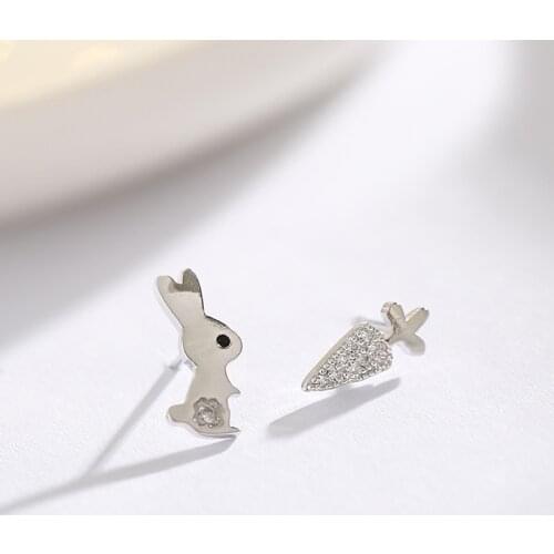 925 Solid Sterling Silver Rabbit Radish Cartoon Animal Earrings For Women Korean Cute Stud Ear School Girl Birthday Gifts Party