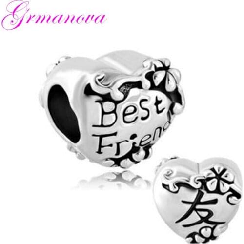 Floral Heart Shape Friend Zinc Alloy Lucky European Big Hole Charm Beads Amulet Fit Pandora Bracelet Womens DIY Jewelry