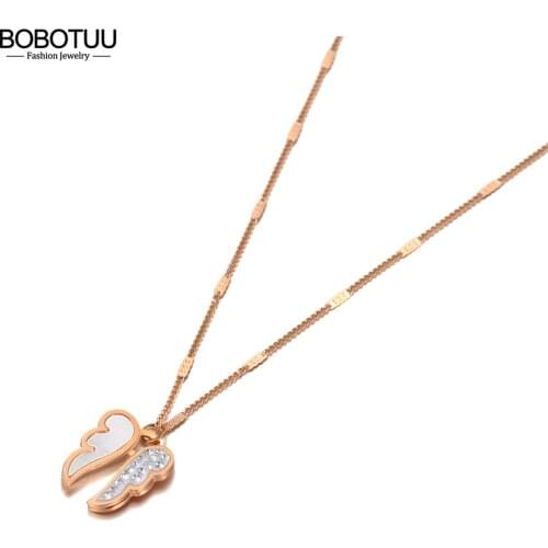 BOBOTUU Bohemia Design Shell & Crystal Double Wings Charm Pendant Necklaces For Women Trendy Stainless Steel Necklace BN20171
