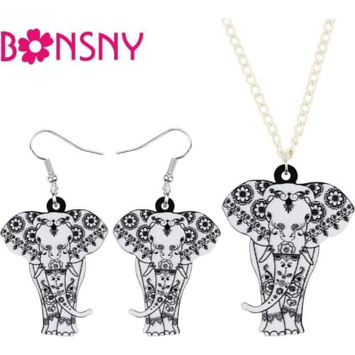 Bonsny Acrylic Cartoon Jungle Elephant Jewelry Sets Animal Necklace Earrings For Women Teens Kids Party Gifts Charm Decoration