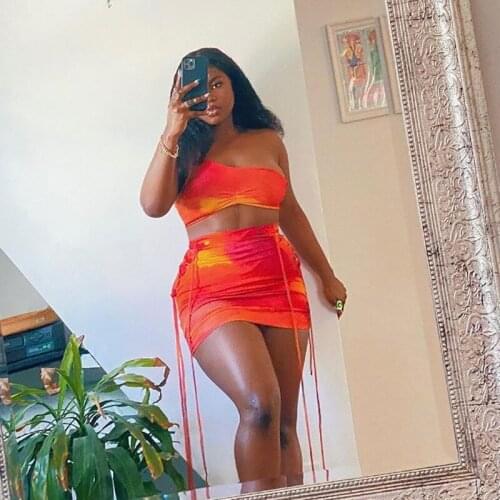 DSMTRC 2021 Newest Women Sexy One Shoulder Crop Top + Mini Skirts Two piece Sets Pleated Hip Skirt Party Nightclub Outfits