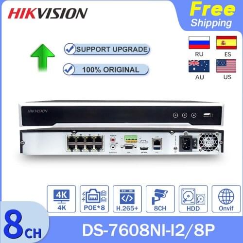 Hikvision 4K NVR 8 Canais DS-7608NI-I2/8P CCTV Network Video Recorder 8PoE NVR Security Camera System 2SATA H.265 Plug & Play