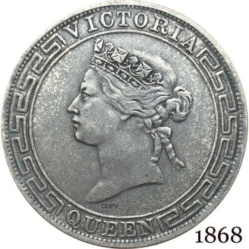 China Hong Kong Coins 1868 1/2 Half Dollar Victoria Queen Crowend Bust Facing Left Cupronickel plated Silver Copy Coin