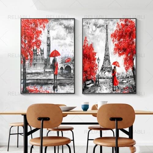 Red Tree Landscape Abstract Canvas Painting Modern City London Wall Art Black White Wall Poster Umbrella Picture for Home Decor