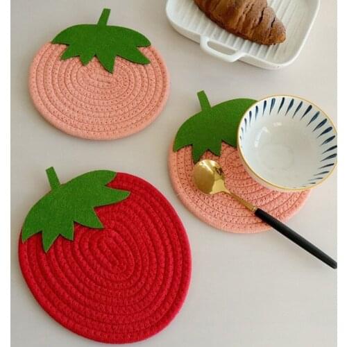 Cartoon Strawberry Fruit Placemat Cotton Rope Mug Coasters for Dining Table Drink Tea Coaster Cup Insulated Bowl Mat Dish Drying