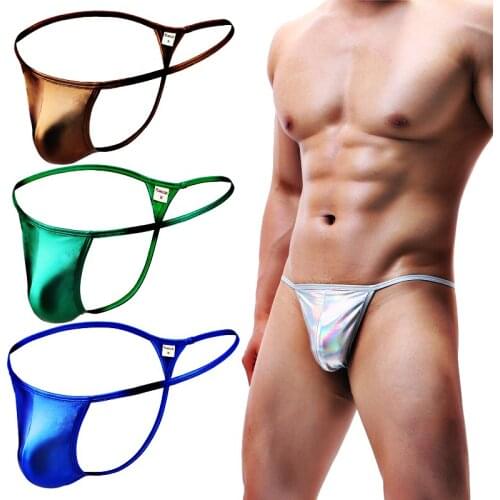 Mens Sexy Thong Underwear Faux Leather Jockstrap Ice Silk G-Strings Male Big Penis Ponch T-back Underpants Panties