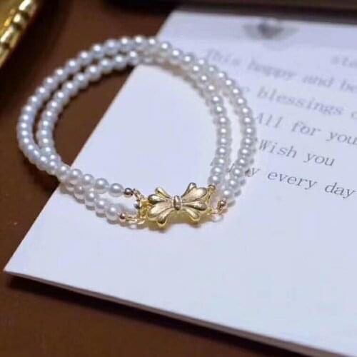 Handmade natural 2 rows 6-7mm white freshwater pearl golden accessories clasp bracelet long 20cm