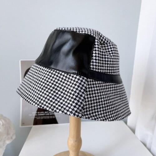 202107-XX new autumn Britain classic houndstooth patchwork pu street lady bucket cap men women leisure hat