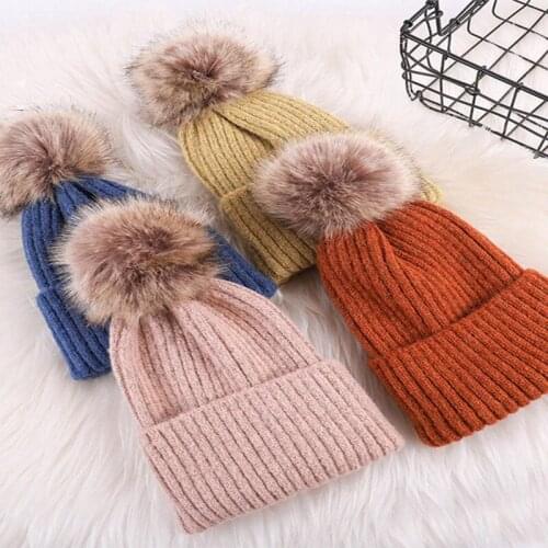 WZCX Solid Color Stripe Crimping Pompom Hat Keep Warm Fashion Outdoor Korean Version Tide Knitted Cap Beanie Hat