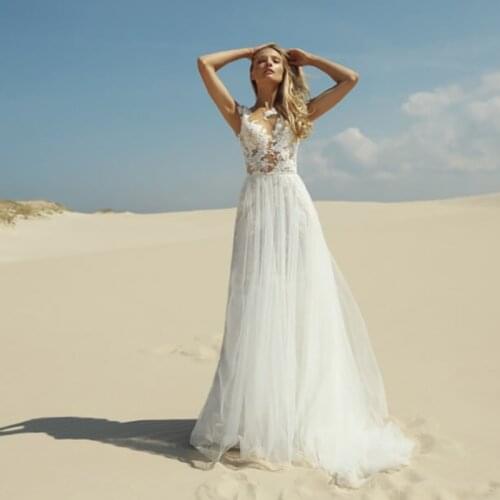 Simple Boho Wedding Dresses 2021 Appliques Soft Tulle Scoop White Ivory Bride Dress South Africa Beach Wedding Gown Party