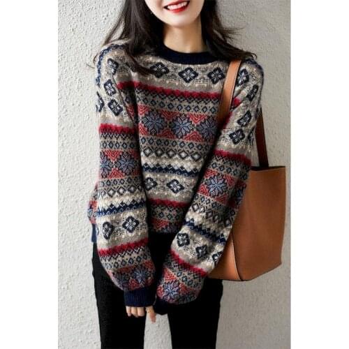 Round Neck Pullover Women Sweater Outer Wear Knitted Bottoming Shirt Winter 2021 Retro Jacquard Long Warm Thick Oversize Tops