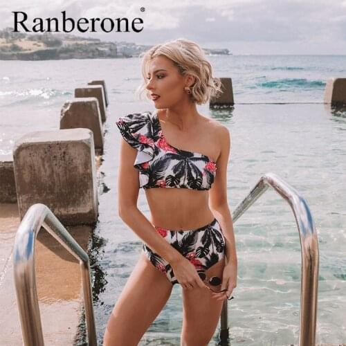 Ranberone 2020 Two Piece Bathing Suit One Shoulder Women Swimsuit Summer Beach Wear Print Bathing Business Suit Bikini Swimwear